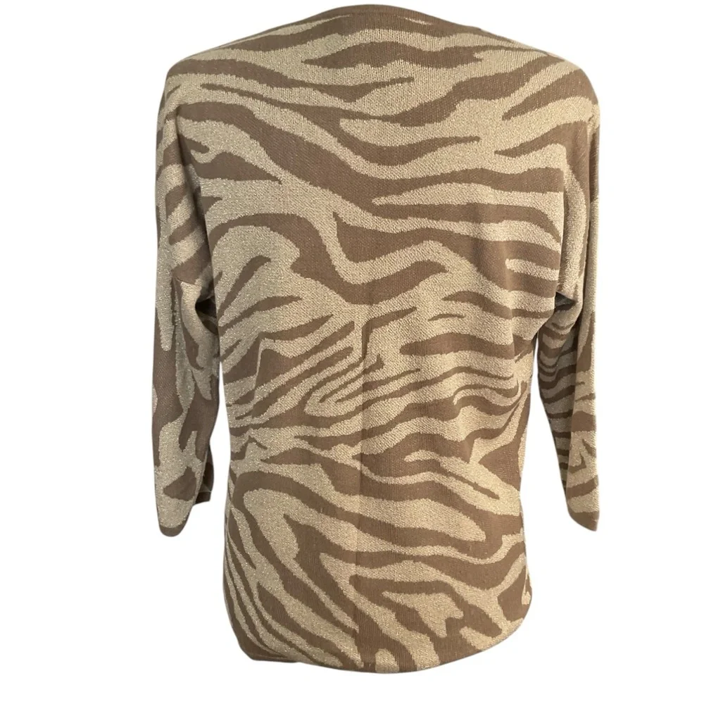 Chico's Tan and Brown Zebra Print Gold Metallic Accent Crewneck Sweater Size M